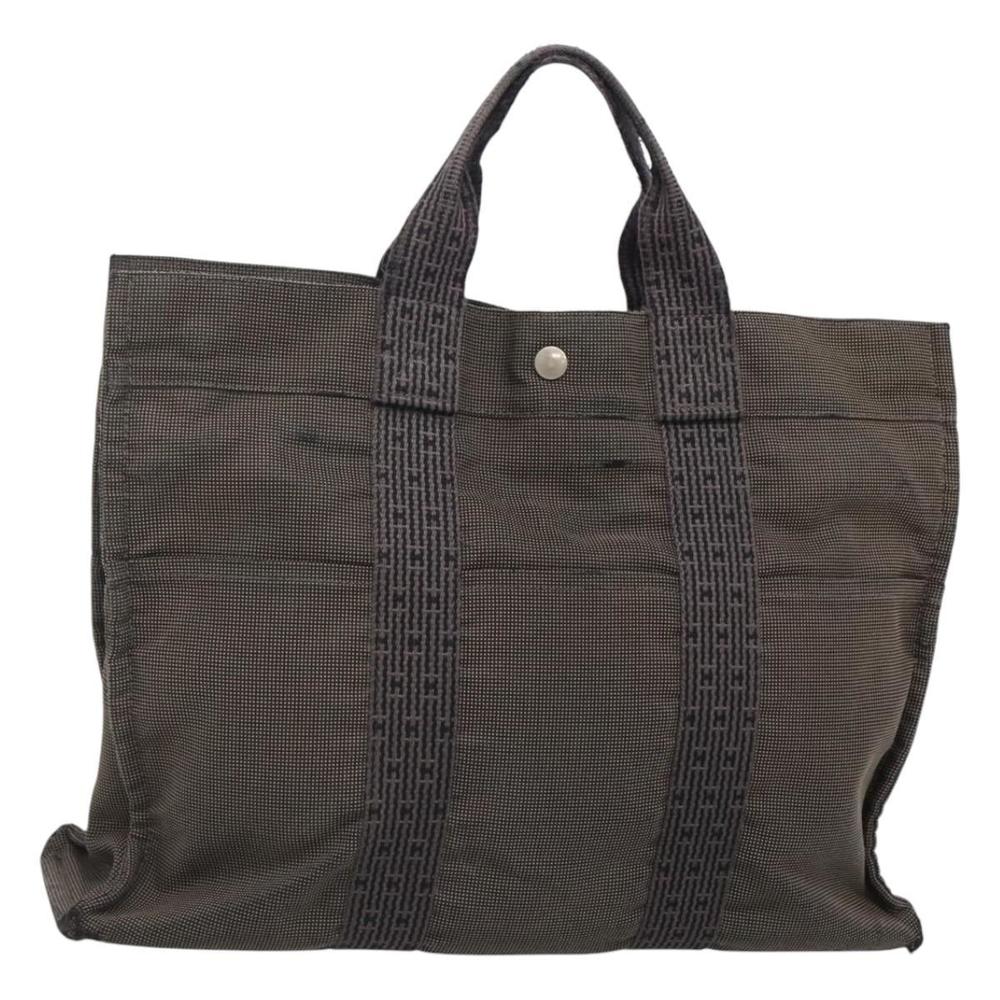 HERMES Her Line MM Hand Bag Canvas Gray Silver Auth bs24473